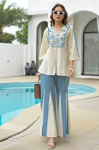 Ivory thread work pure cotton casual kurta set for women