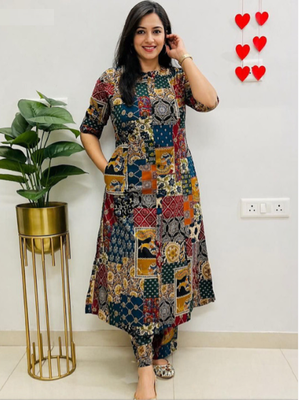 Multicolor geometric print cotton casual kurta set for women 1