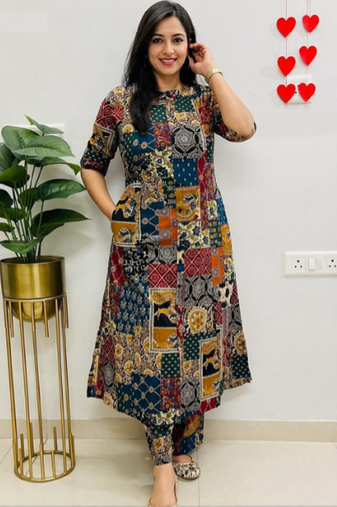 Multicolor geometric print cotton casual kurta set for women