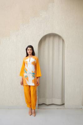 Yellow floral print crepe co-ord set for women 1