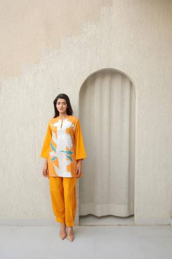 Yellow floral print crepe co-ord set for women