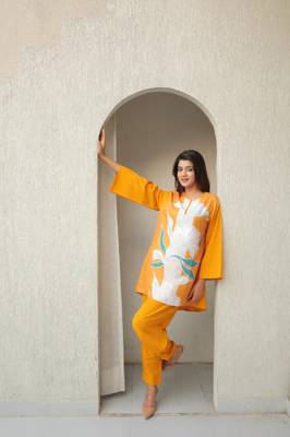 Yellow floral print crepe co-ord set for women 3