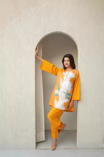 Yellow floral print crepe co-ord set for women
