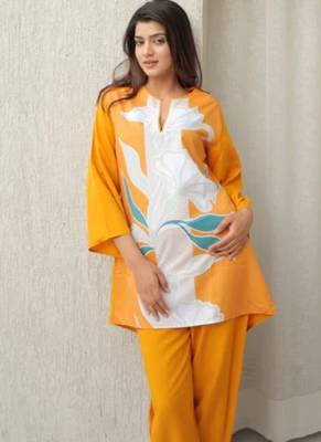 Yellow floral print crepe co-ord set for women 4