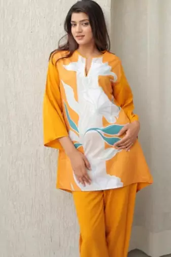 Yellow floral print crepe co-ord set for women