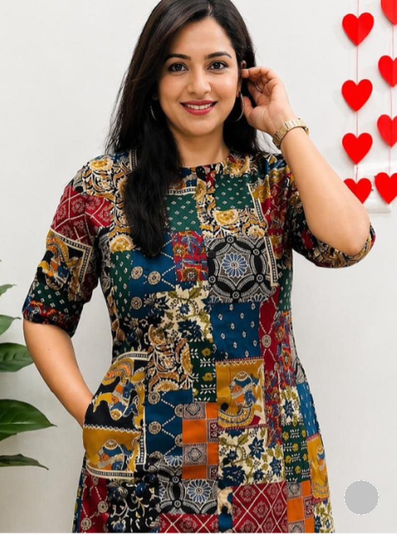 Multicolor geometric print cotton casual kurta set for women