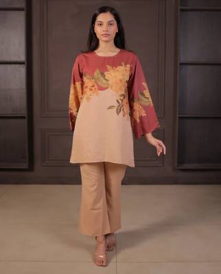Beige floral print linen co-ord set for women 1