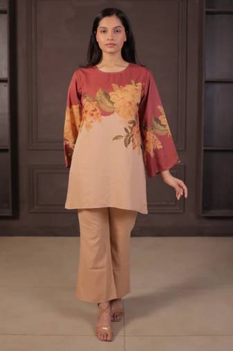 Beige floral print linen co-ord set for women