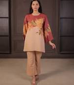 Beige floral print linen co-ord set for women