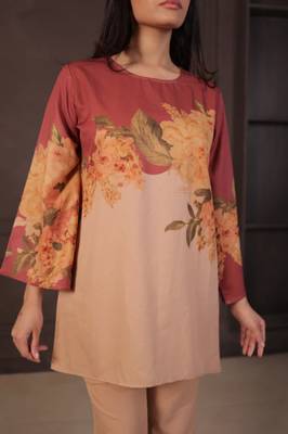 Beige floral print linen co-ord set for women 2