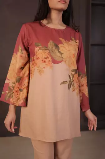 Beige floral print linen co-ord set for women