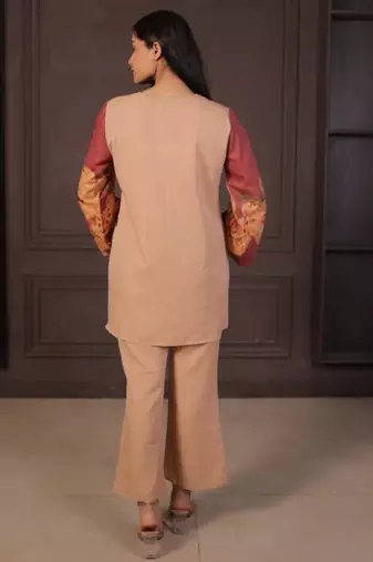 Beige floral print linen co-ord set for women