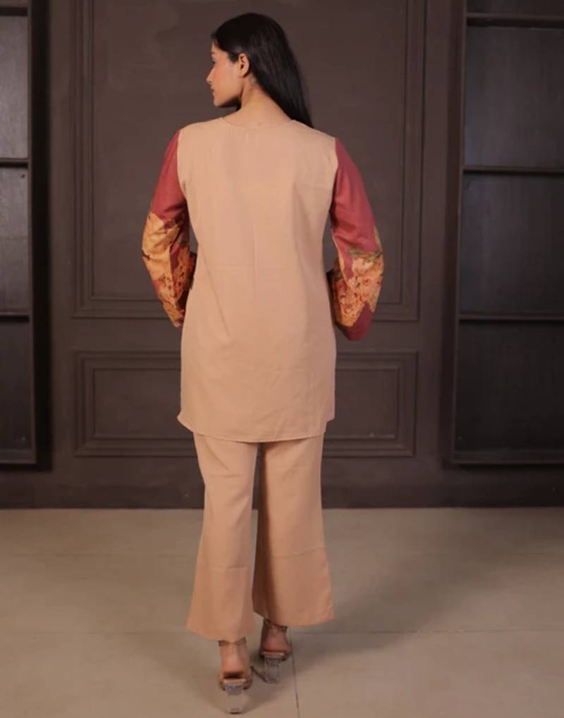 Beige floral print linen co-ord set for women