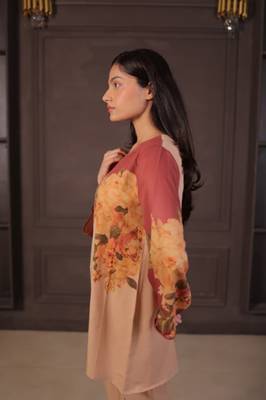 Beige floral print linen co-ord set for women 4