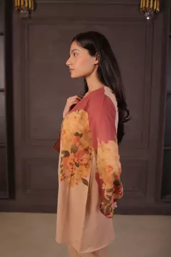 Beige floral print linen co-ord set for women