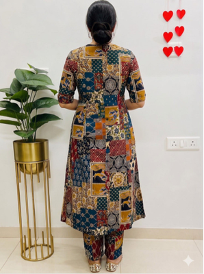Multicolor geometric print cotton casual kurta set for women 3