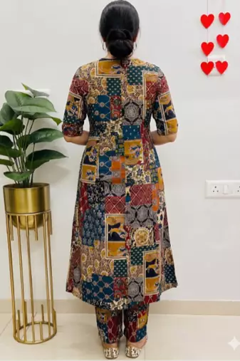 Multicolor geometric print cotton casual kurta set for women