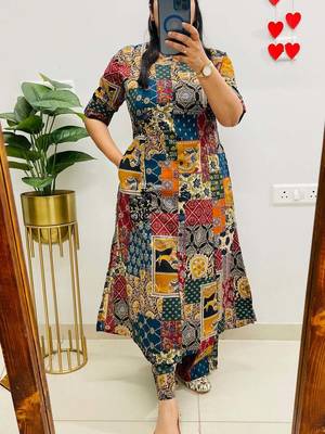 Multicolor geometric print cotton casual kurta set for women 4