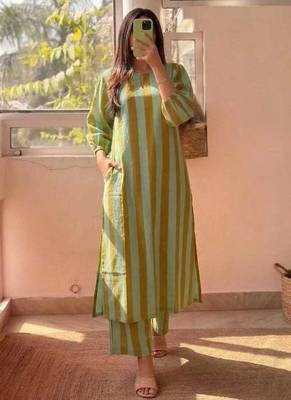 Green stripes print pure cotton casual kurta set for women 1