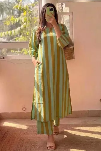 Green stripes print pure cotton casual kurta set for women
