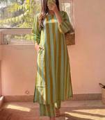 Green stripes print pure cotton casual kurta set for women