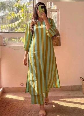 Green stripes print pure cotton casual kurta set for women 2