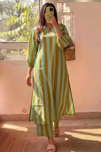 Green stripes print pure cotton casual kurta set for women