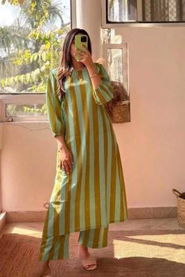 Green stripes print pure cotton casual kurta set for women 3