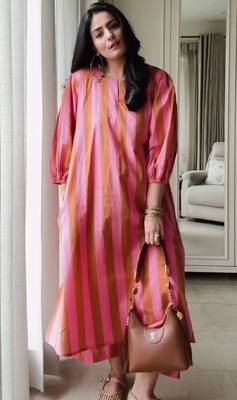 Pink stripes print pure cotton casual kurta set for women 1