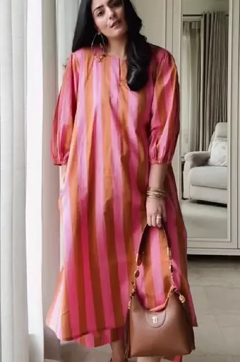 Pink stripes print pure cotton casual kurta set for women