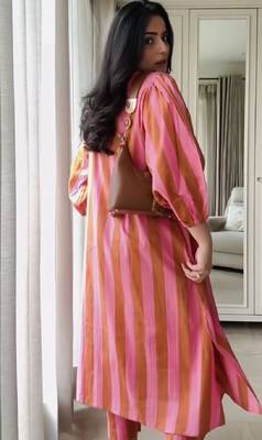 Pink stripes print pure cotton casual kurta set for women 2