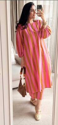 Pink stripes print pure cotton casual kurta set for women 3