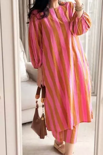 Pink stripes print pure cotton casual kurta set for women