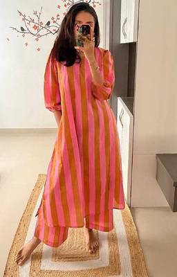 Pink stripes print pure cotton casual kurta set for women 4