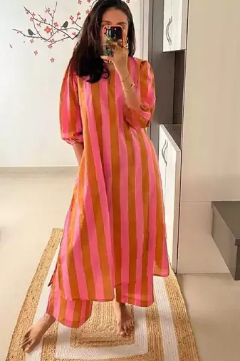 Pink stripes print pure cotton casual kurta set for women