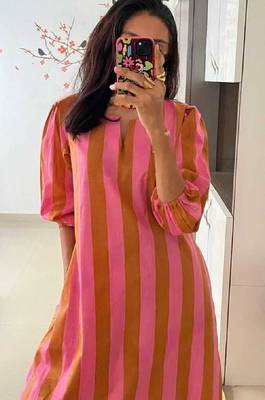 Pink stripes print pure cotton casual kurta set for women 5