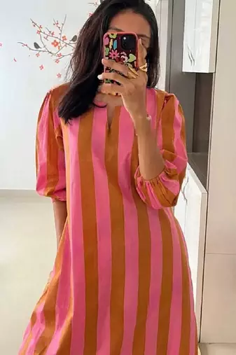 Pink stripes print pure cotton casual kurta set for women