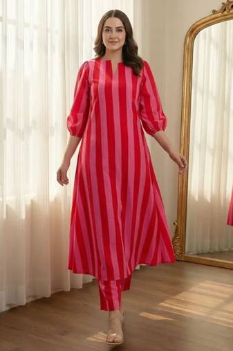 Red stripes print pure cotton casual kurta set for women