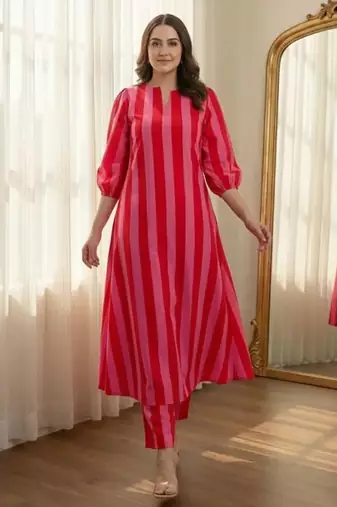 Red stripes print pure cotton casual kurta set for women
