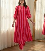 Red stripes print pure cotton casual kurta set for women