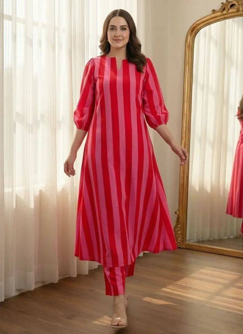 Red stripes print pure cotton casual kurta set for women