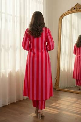 Red stripes print pure cotton casual kurta set for women 2