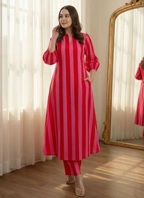 Red stripes print pure cotton casual kurta set for women 3