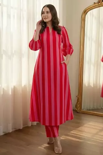 Red stripes print pure cotton casual kurta set for women