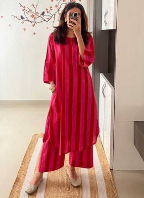 Red stripes print pure cotton casual kurta set for women 4