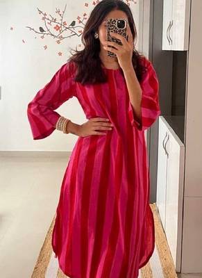 Red stripes print pure cotton casual kurta set for women 5