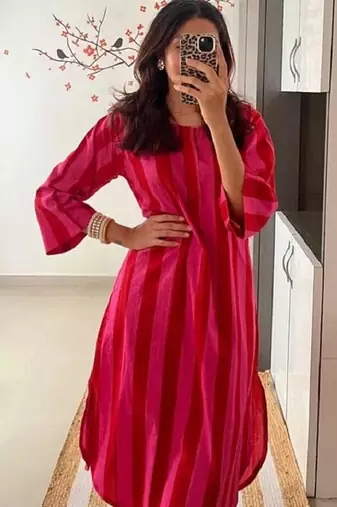 Red stripes print pure cotton casual kurta set for women
