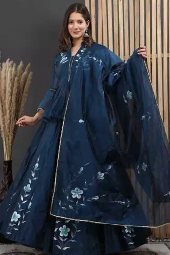 Blue floral printed chanderi cotton anarkali style lehenga set with printed dupatta for women