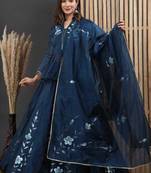 Blue floral printed chanderi cotton anarkali style lehenga set with printed dupatta for women