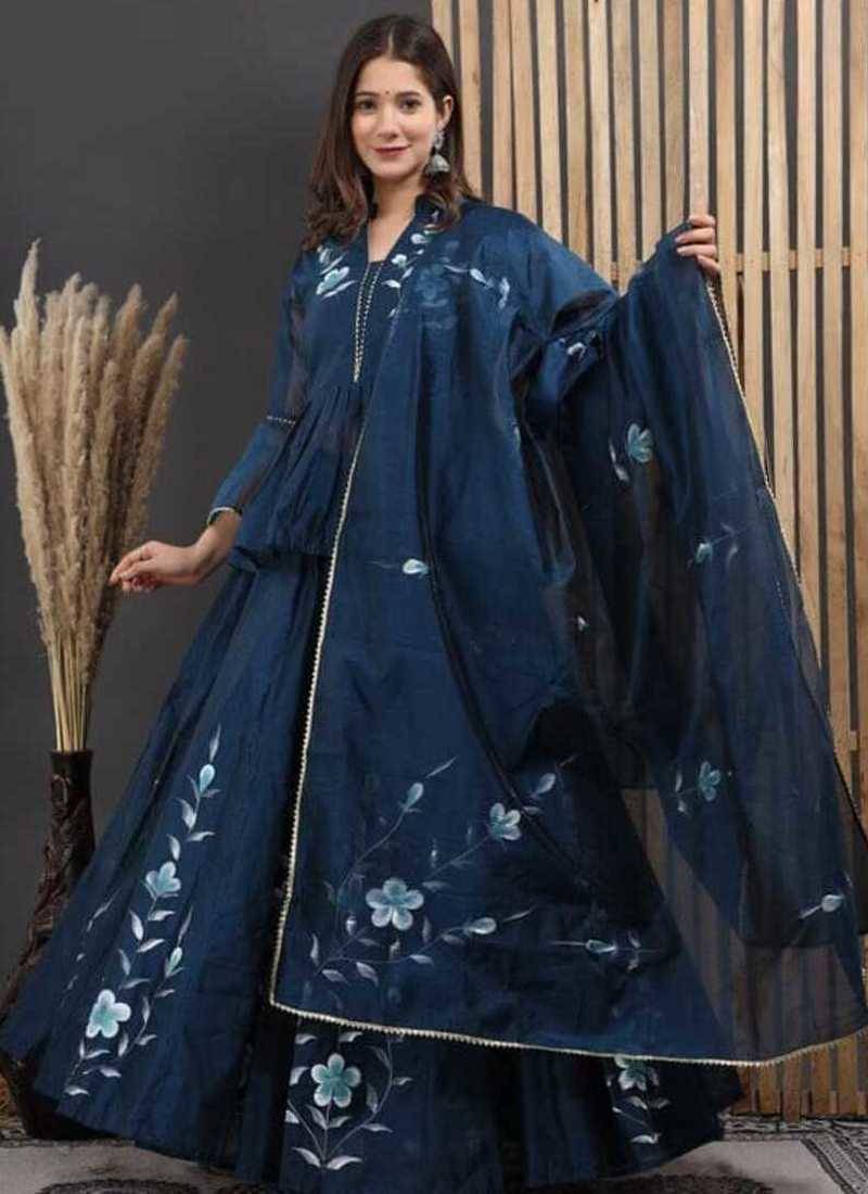 Blue floral printed chanderi cotton anarkali style lehenga set with printed dupatta for women
